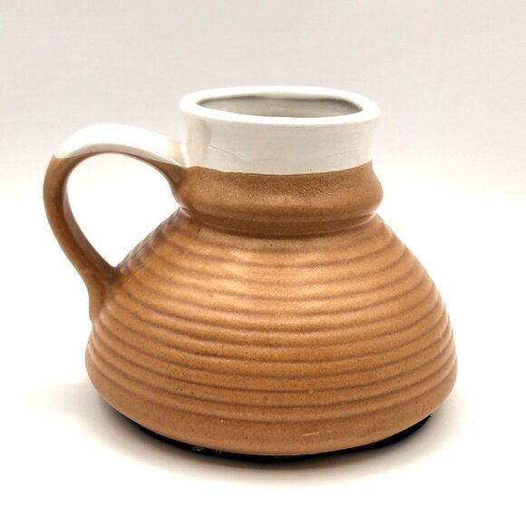 Vintage Cream Brown Glaze Ribbed Pottery No Spill Retro Travel Coffee Mug 14 oz - Picture 3 of 7